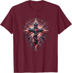 Distressed Christian Cross Punk Art Style Crown of thorns T-Shirt - T-Shirt | Maroon