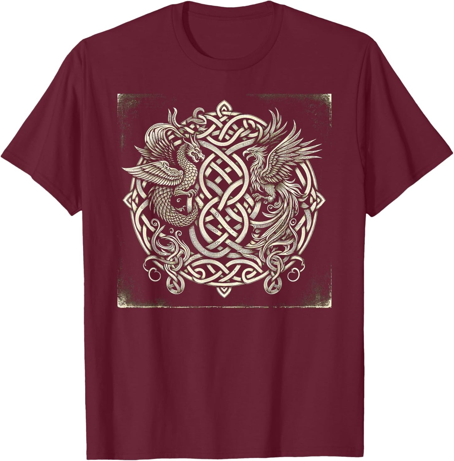 Intricate Celtic Knot with Dragon and Phoenix T-Shirt - T-Shirt | Maroon