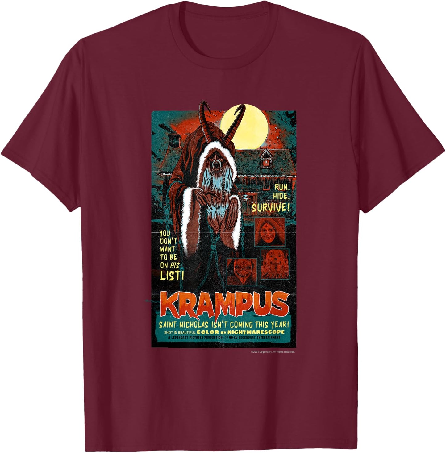 Krampus – Run! Hide! Survive! Retro Poster T-Shirt - T-Shirt | Maroon