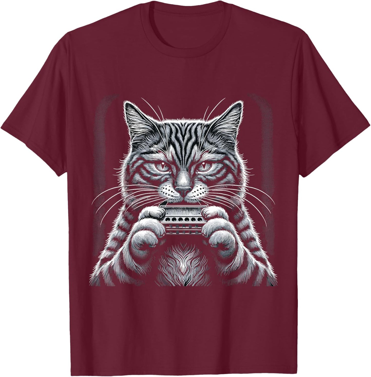 Cat Music Harmonica Player Country Folk Blues Whiskers Tabby T-Shirt - T-Shirt | Maroon