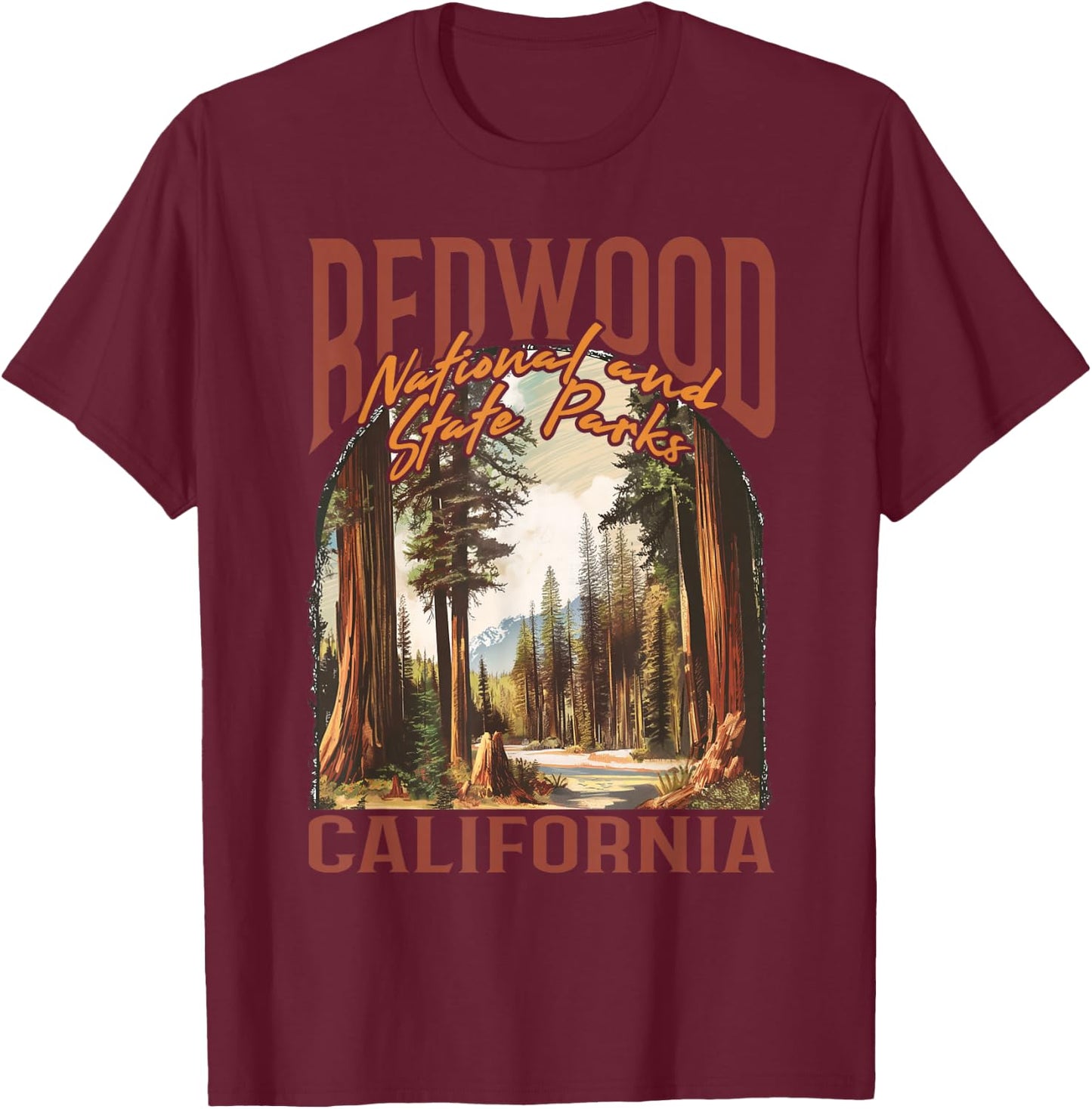 Redwood USA National Park Vintage California Outdoors Retro T-Shirt - T-Shirt | Maroon