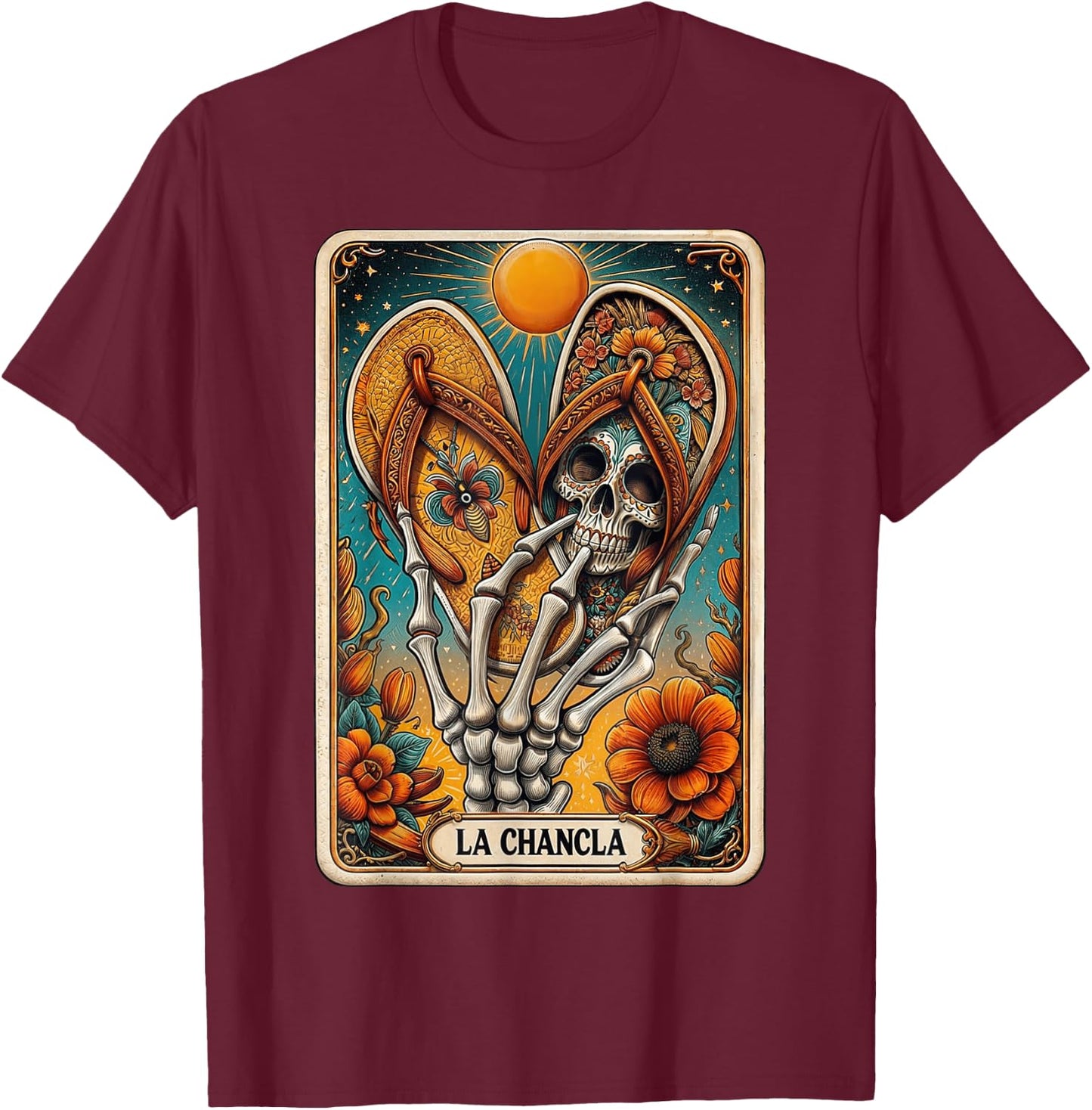 La Chancla Flip Flop Card Funny Mexican Mom Tarot Card T-Shirt - T-Shirt | Maroon