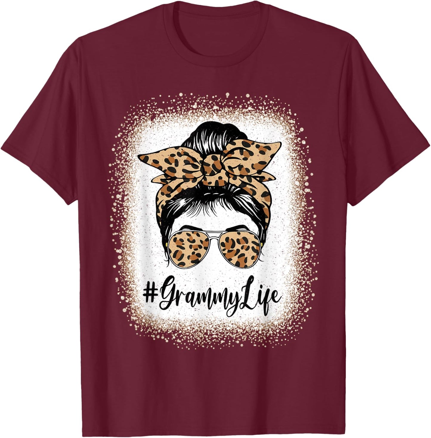 Grammy Life Bleached Leopard Messy Bun Mother's day T-Shirt - T-Shirt | Maroon