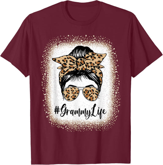 Grammy Life Bleached Leopard Messy Bun Mother's day T-Shirt - T-Shirt | Maroon