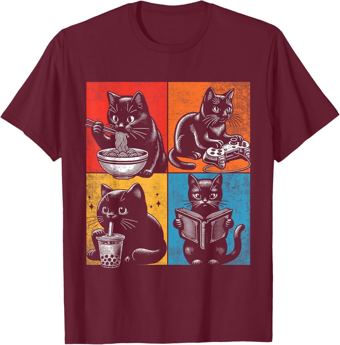 Funny Cat Ramen Boba Gaming And Reading Books Lover. Anime T-Shirt - T-Shirt | Maroon