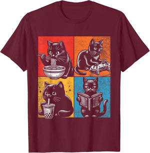 Funny Cat Ramen Boba Gaming And Reading Books Lover. Anime T-Shirt - T-Shirt | Maroon