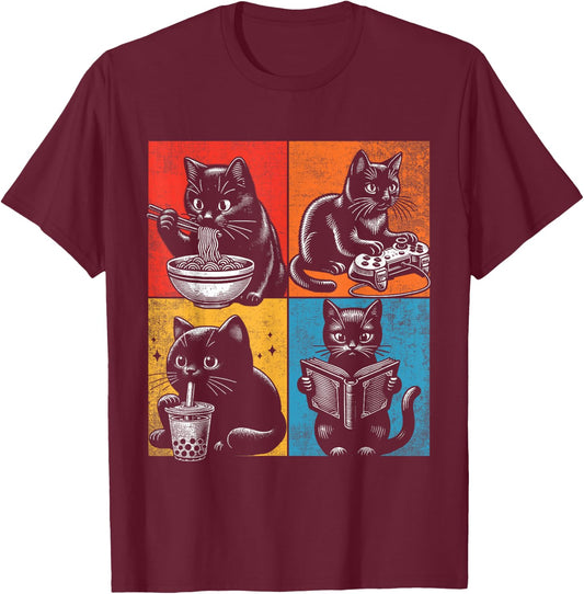 Funny Cat Ramen Boba Gaming And Reading Books Lover. Anime T-Shirt - T-Shirt | Maroon