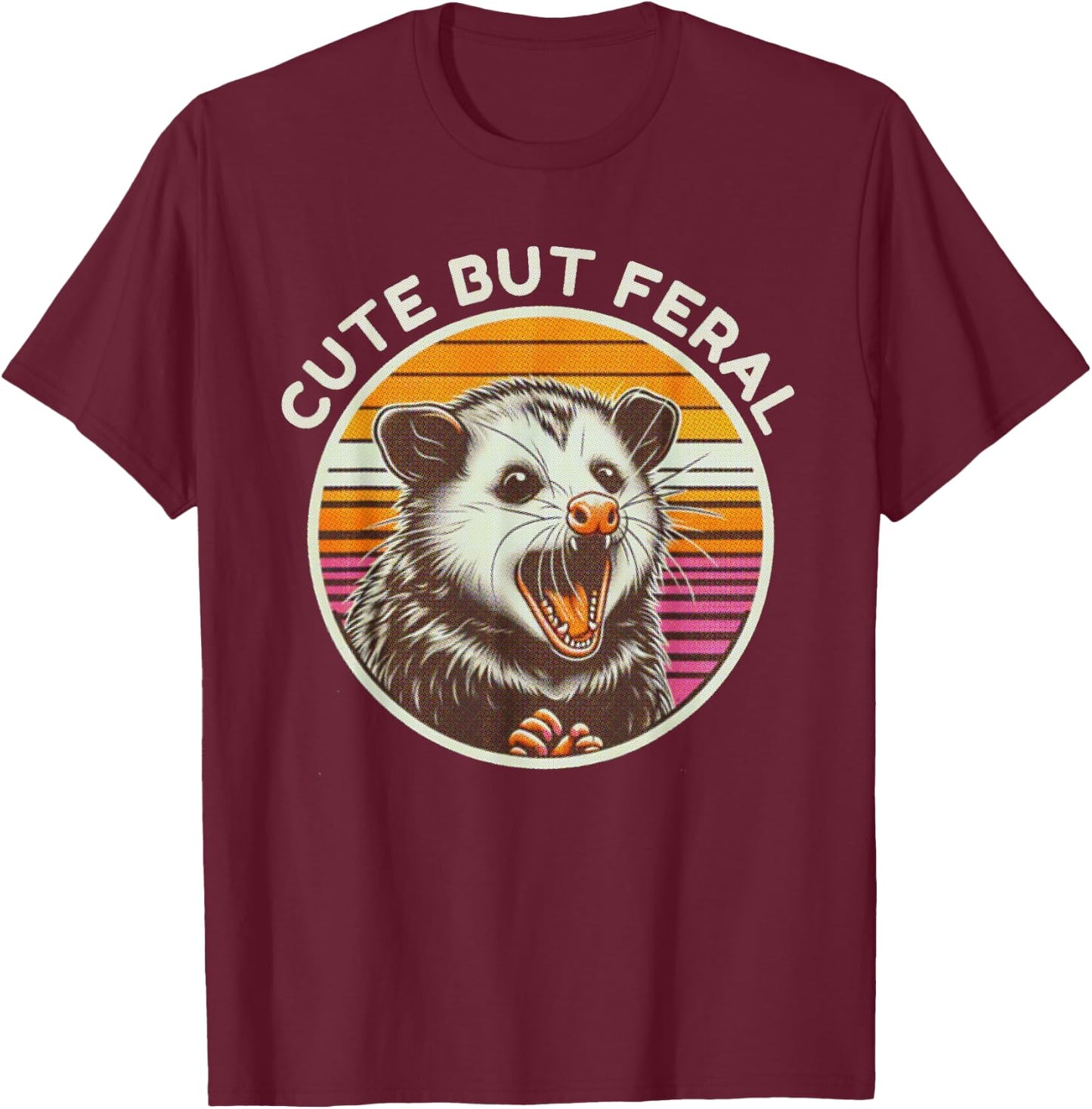 Retro Cute But Feral Opossum Funny T-Shirt - T-Shirt | Maroon