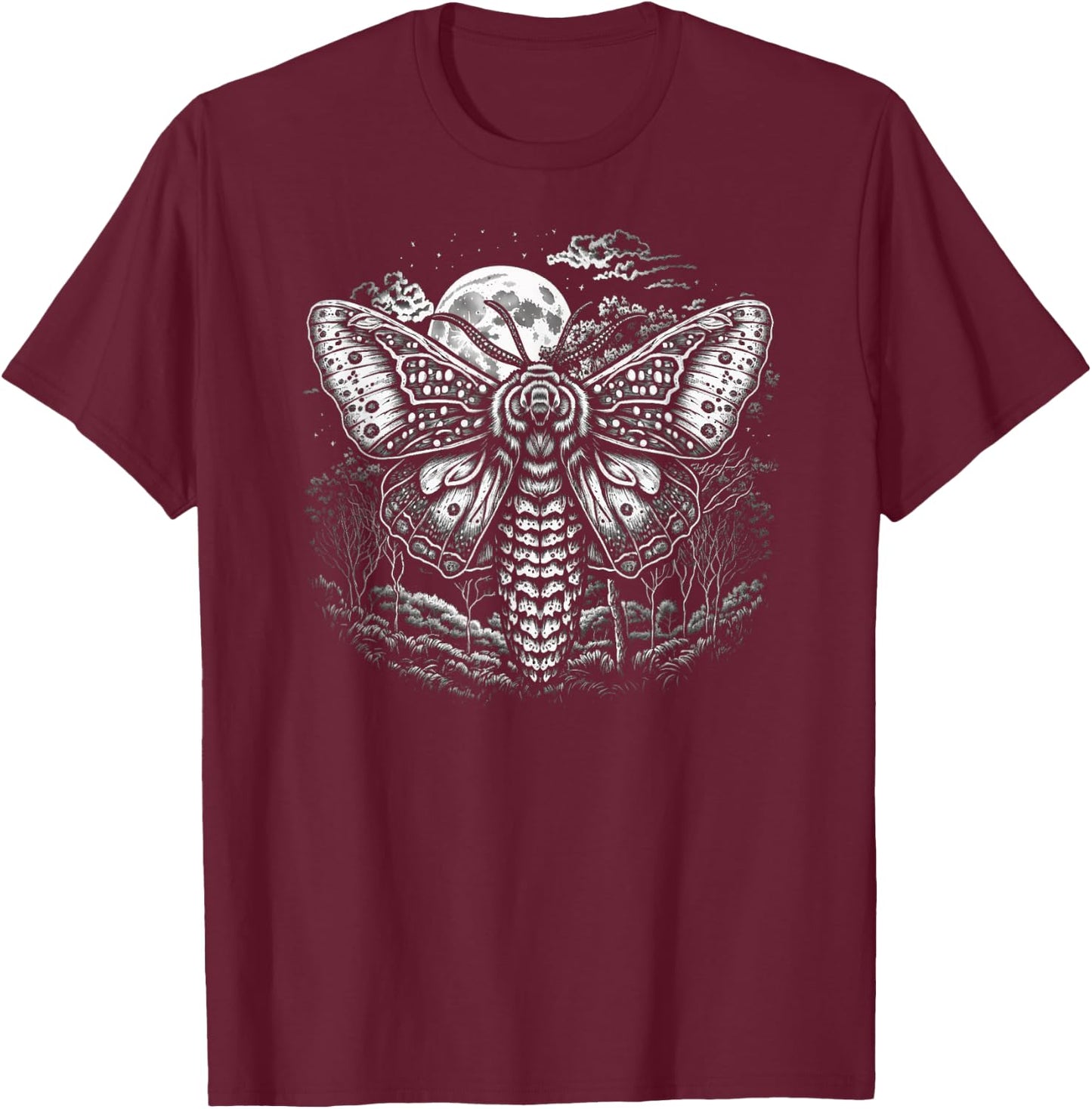 Moth And Moon Night Sky Folkloric Wiccan Nature Goth T-Shirt - T-Shirt | Maroon