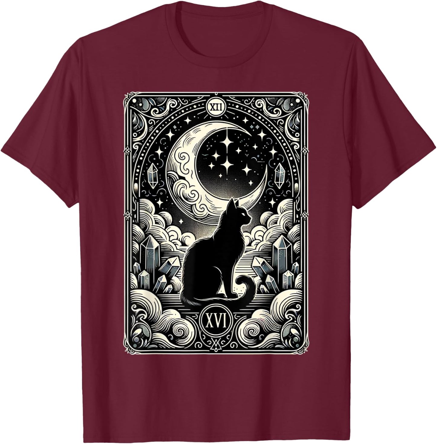 Magical Tarot Card Black Cat and Crescent Moon Vintage Cat T-Shirt - T-Shirt | Maroon