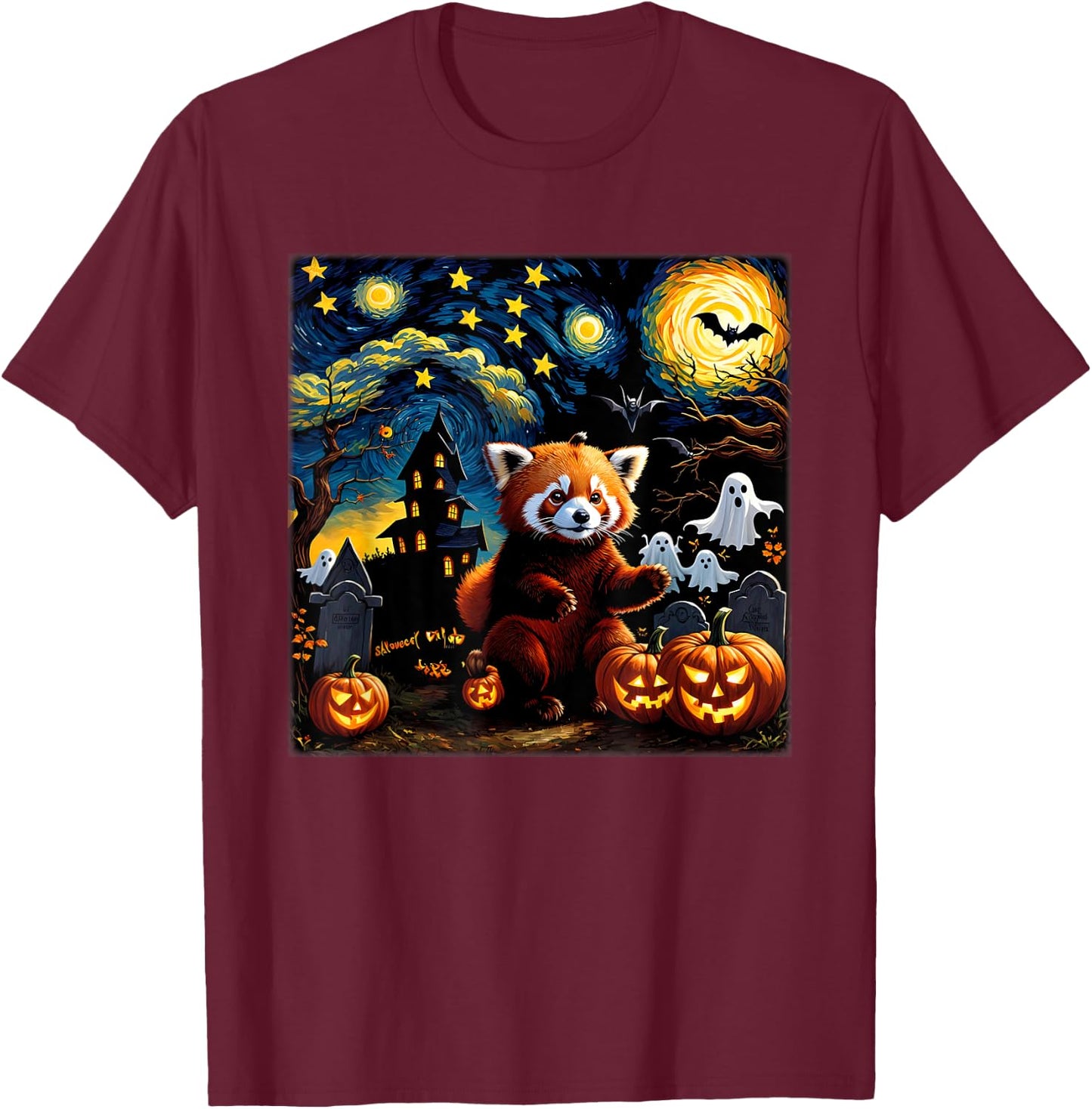 Spooky Halloween Red Panda Starry Night T-Shirt - T-Shirt | Maroon