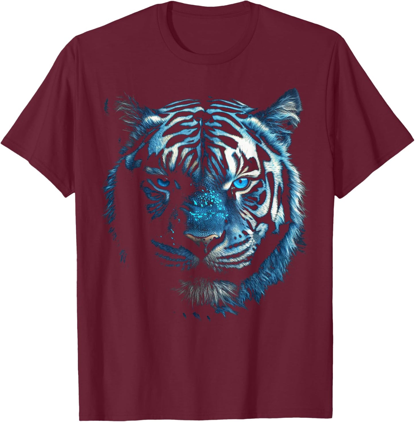 Tiger Artwork - Blue Eyes - Animal Art Motif Tiger T-Shirt - T-Shirt | Maroon