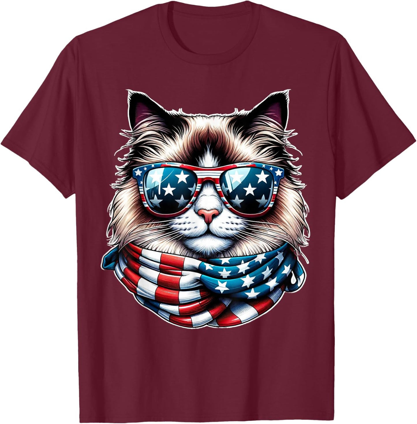 Ragdoll Cat American Flag USA Patriotic Cat 4th of July T-Shirt - T-Shirt | Maroon