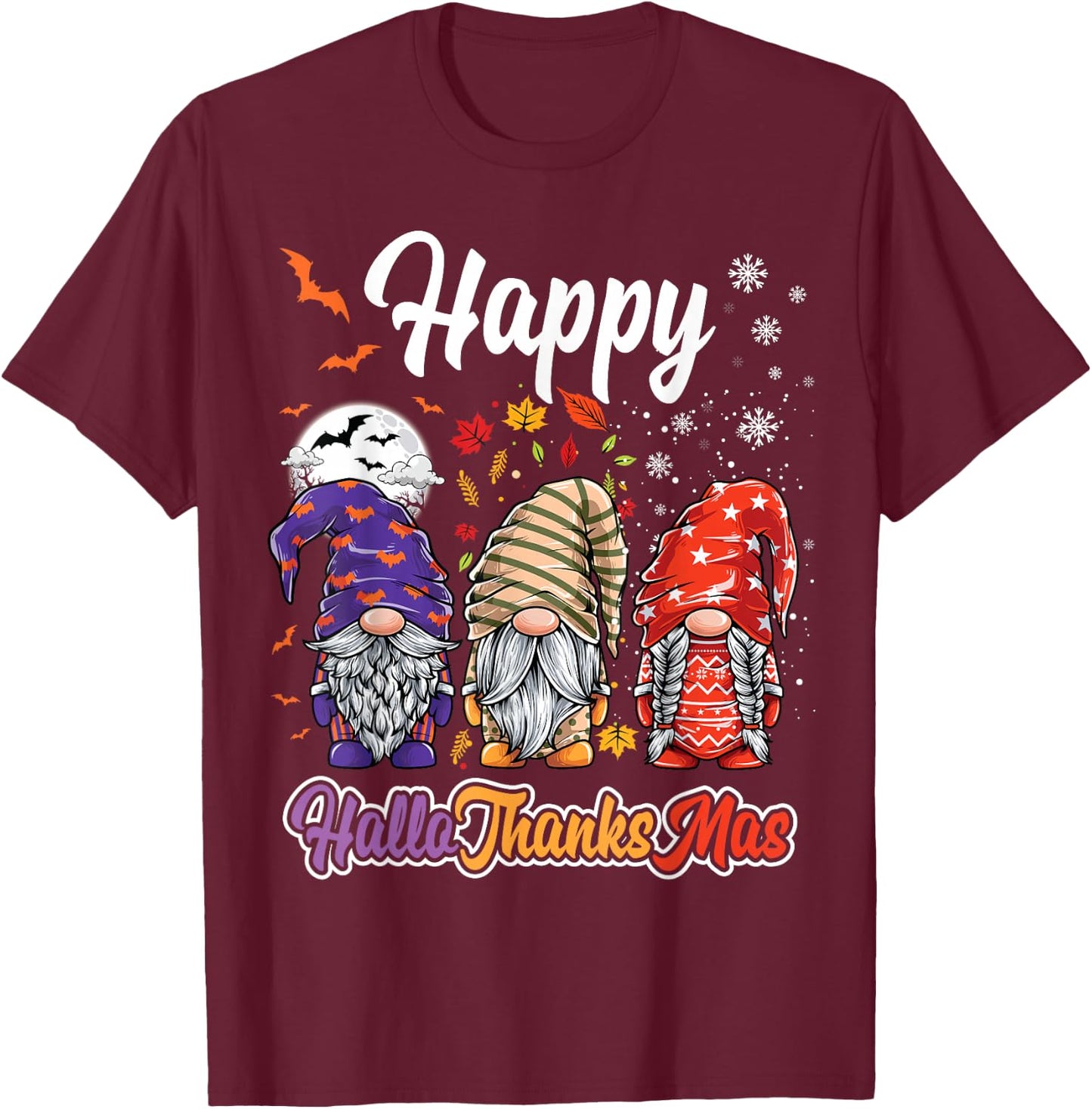 Happy Hallothanksmas Gnomes Halloween Thanksgiving Christmas T-Shirt - T-Shirt | Maroon