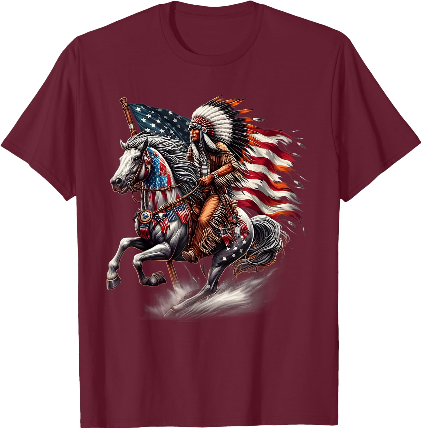 Native American Day Flag Indian Riding Horse 4th of July T-Shirt - T-Shirt | Maroon