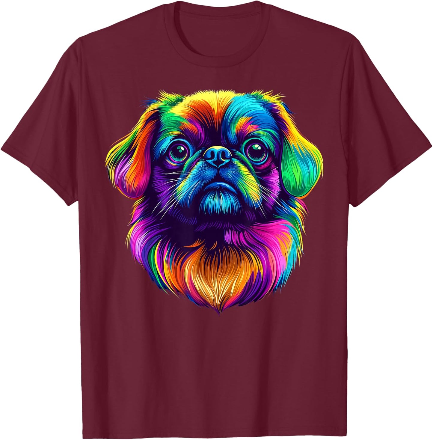 Colorful Pekingese Dog Face Cute Puppy Lover Men Women Black T-Shirt - T-Shirt | Maroon