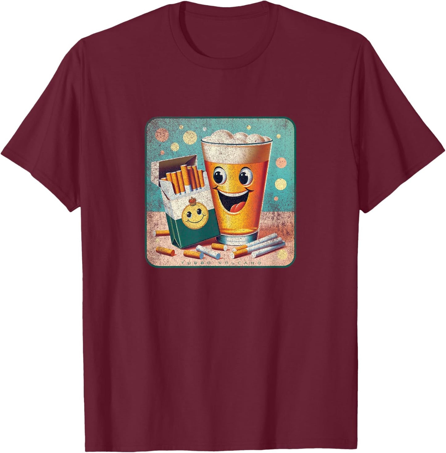 Happy Beer and Cigarettes Retro Advertising Design T-Shirt - T-Shirt | Maroon