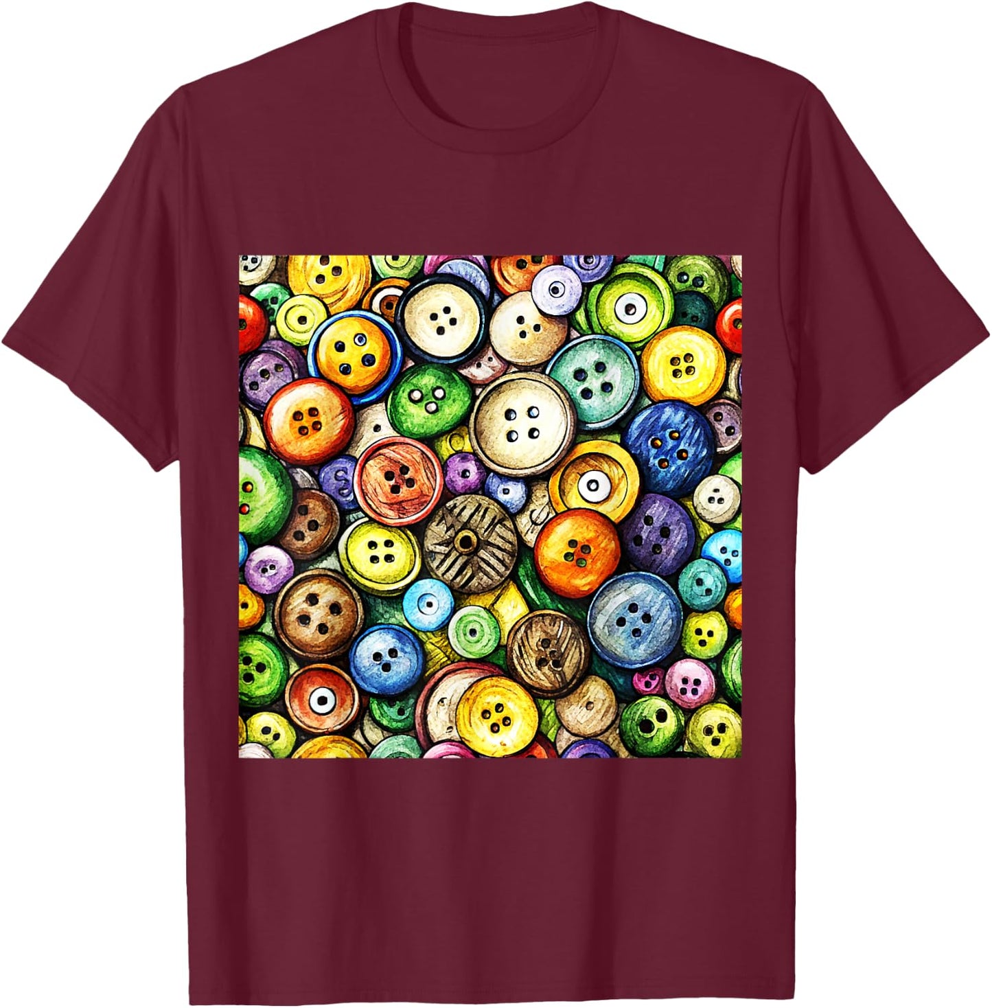 Multicolor Button Pattern T-Shirt - T-Shirt | Maroon
