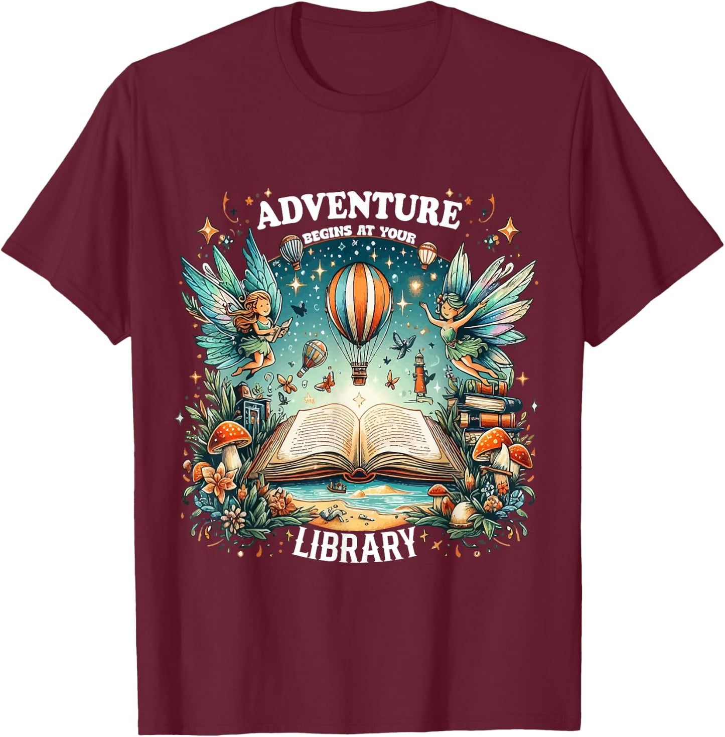 Adventure Begins at Your Library Summer fairies Reading 2024 Men Women T-Shirt - T-Shirt | Maroon