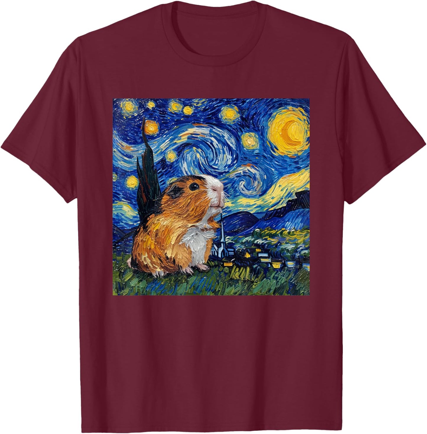 Guinea Pig Van Gogh Style Starry Night Graphic T-Shirt - T-Shirt | Maroon