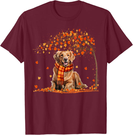 Golden Retrievers Hello Autumn Leaf Fall for Dog Lover T-Shirt - T-Shirt | Maroon