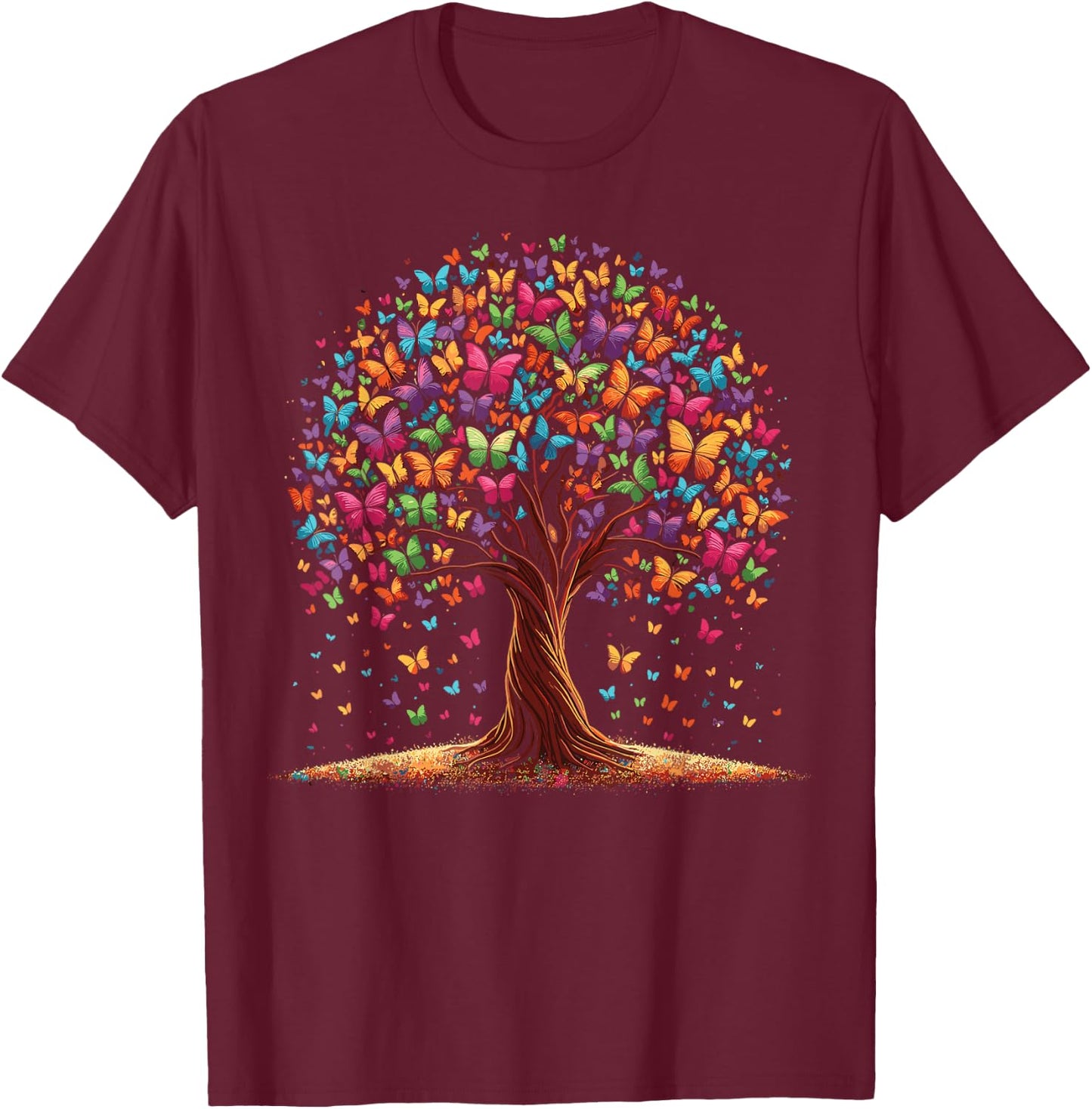 Vibrant Tree of Butterflies T-Shirt - T-Shirt | Maroon
