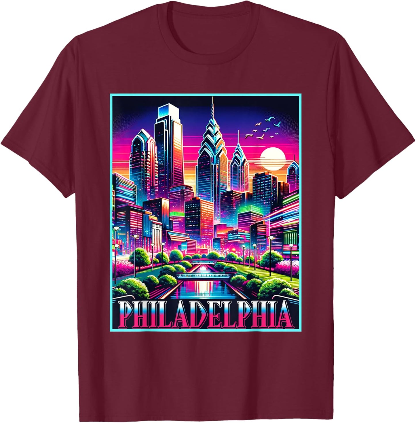Philadelphia Pennsylvania Shirt 80s 90s Retro City Skyline T-Shirt - T-Shirt | Maroon