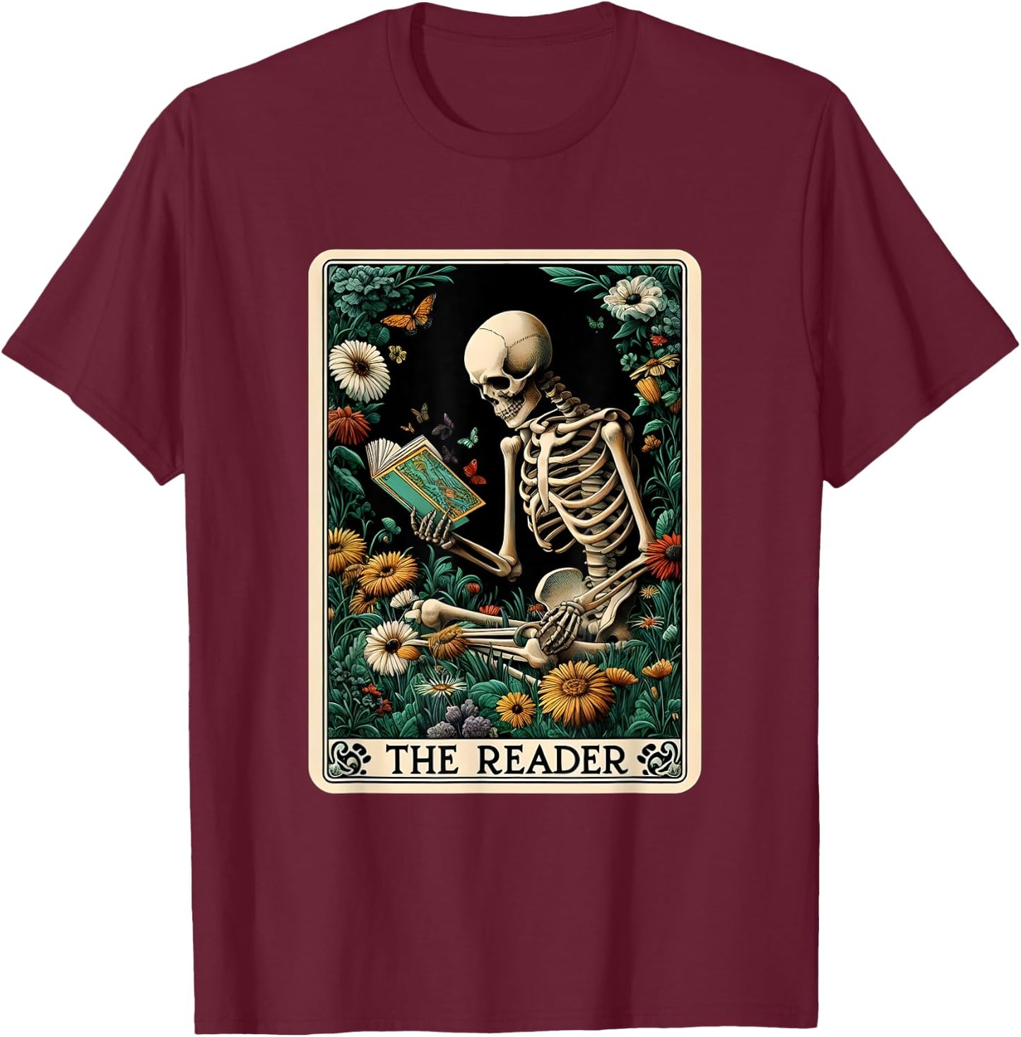 The Reader Skeleton Book Lover Tarot Card Reading Readers T-Shirt - T-Shirt | Maroon