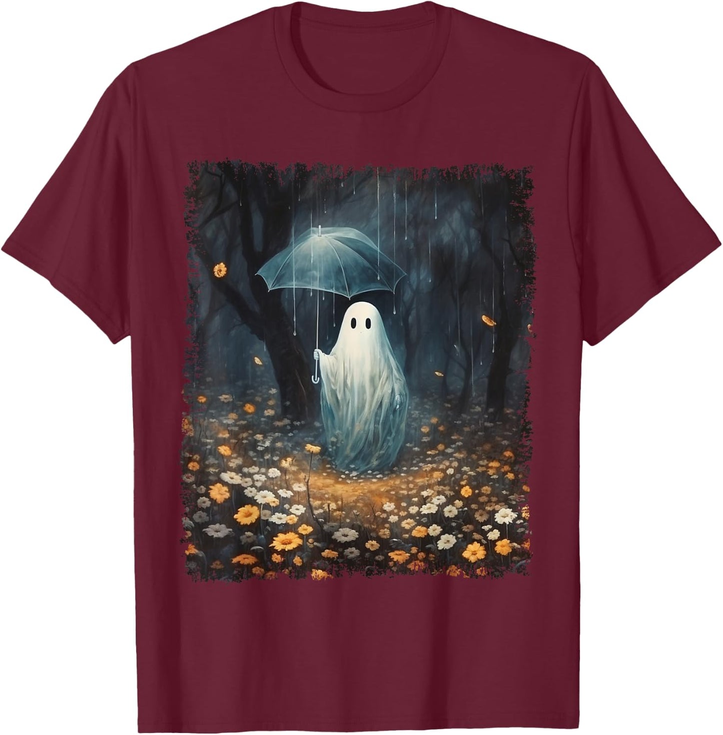 Vintage Halloween Spooky Ghost In The Forest Umbrella Gothic T-Shirt - T-Shirt | Maroon