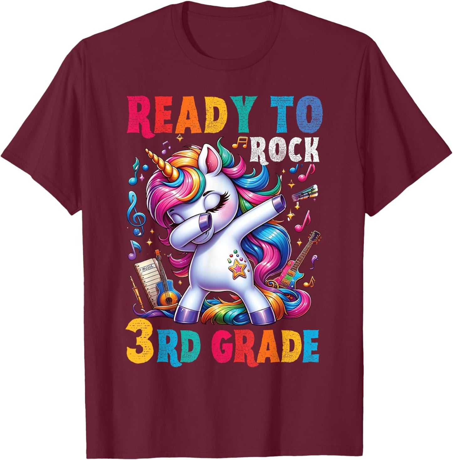 Student back to School 3rd grade Girls Musical Music Unicorn T-Shirt - T-Shirt | Maroon