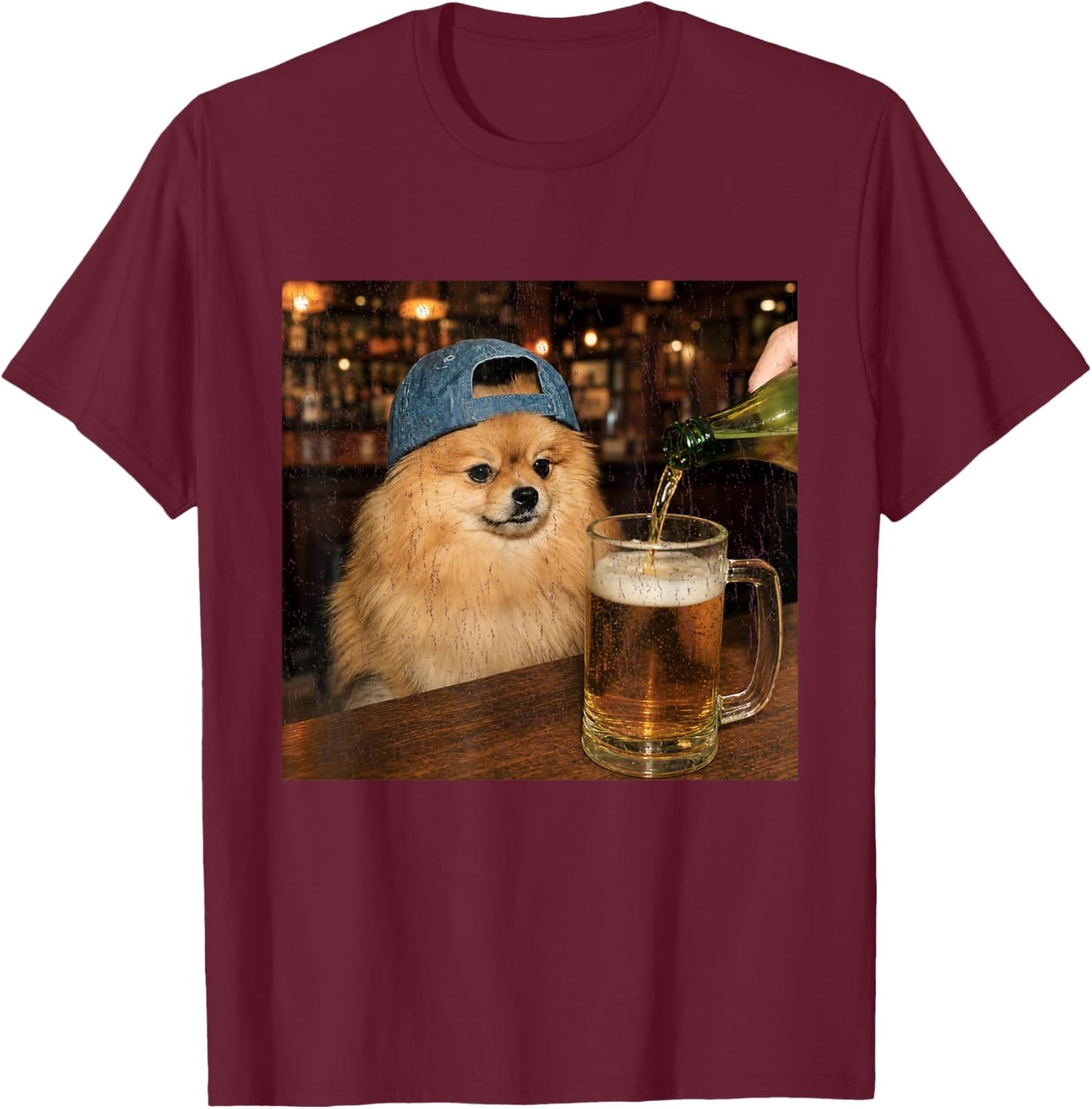 Pomeranian Drinking Beer Shirt Funny Dog Meme Art Vintage T-Shirt - T-Shirt | Maroon