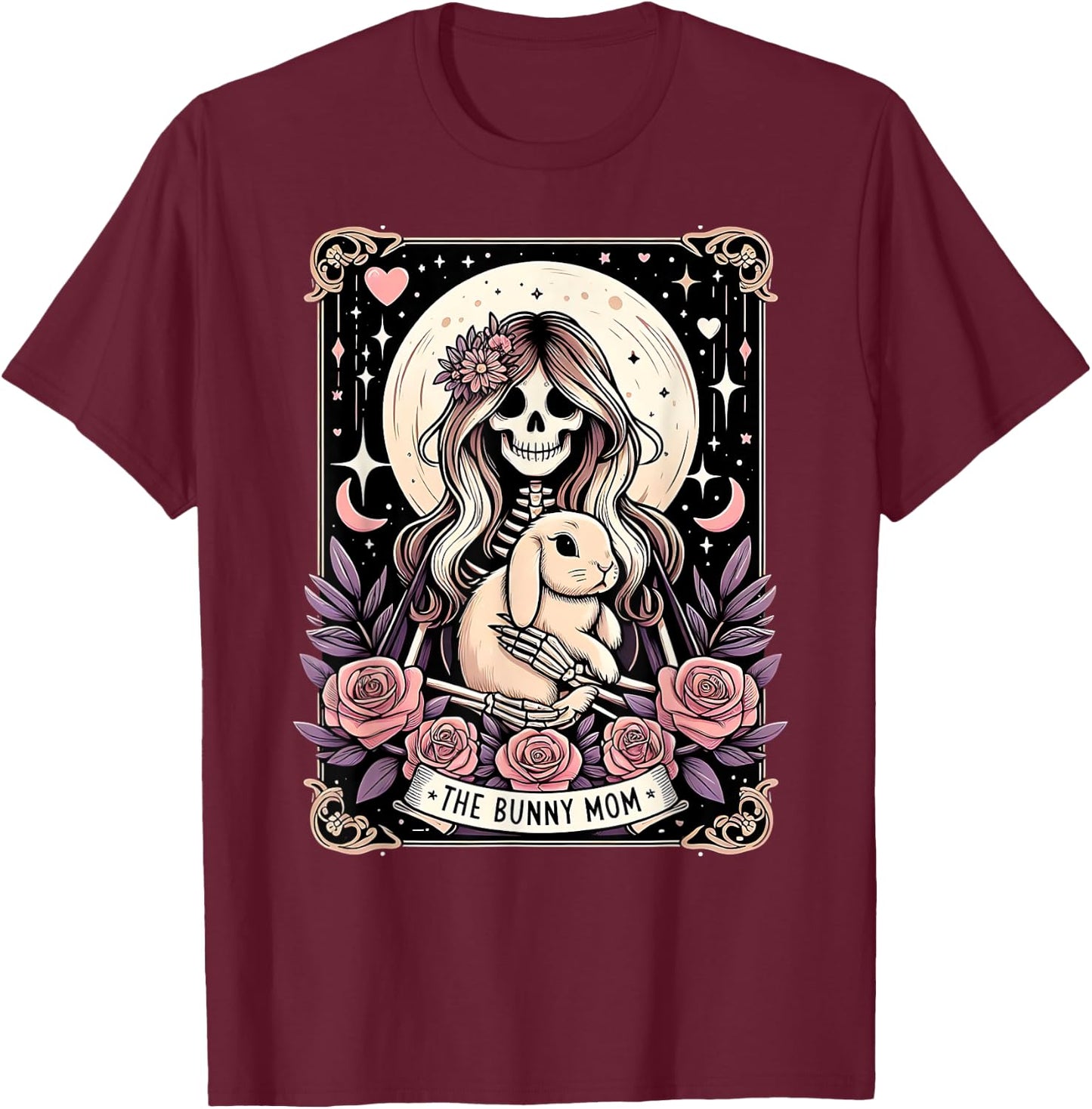 Cute Bunny Mom Tarot Card Skeleton Moon with Stars Women T-Shirt - T-Shirt | Maroon