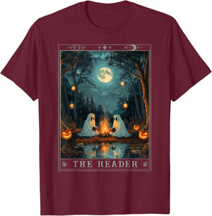The Reader Bookish Cute Spooky Ghost Reading Book Tarot Card T-Shirt - T-Shirt | Maroon