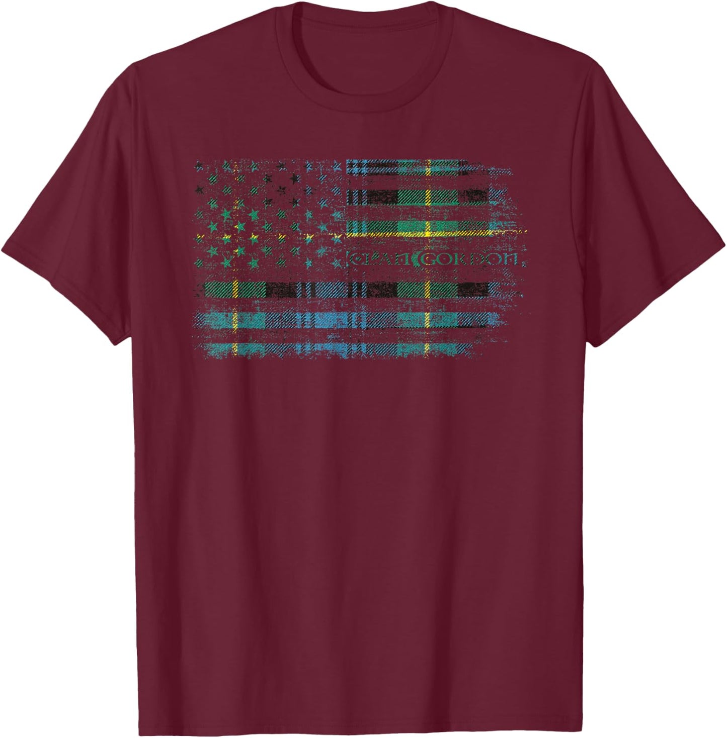 Clan Gordon Scottish tartan US flag kilt Scotland T-Shirt - T-Shirt | Maroon