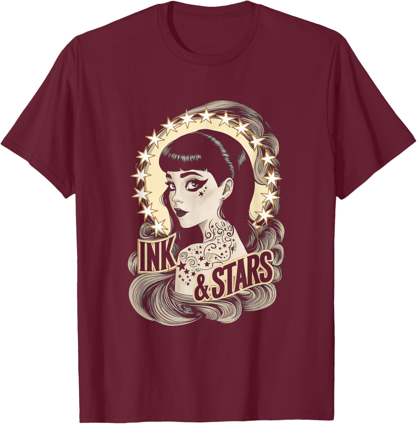 Vintage Tattoo Goth Girl Ink and Stars T-Shirt - T-Shirt | Maroon