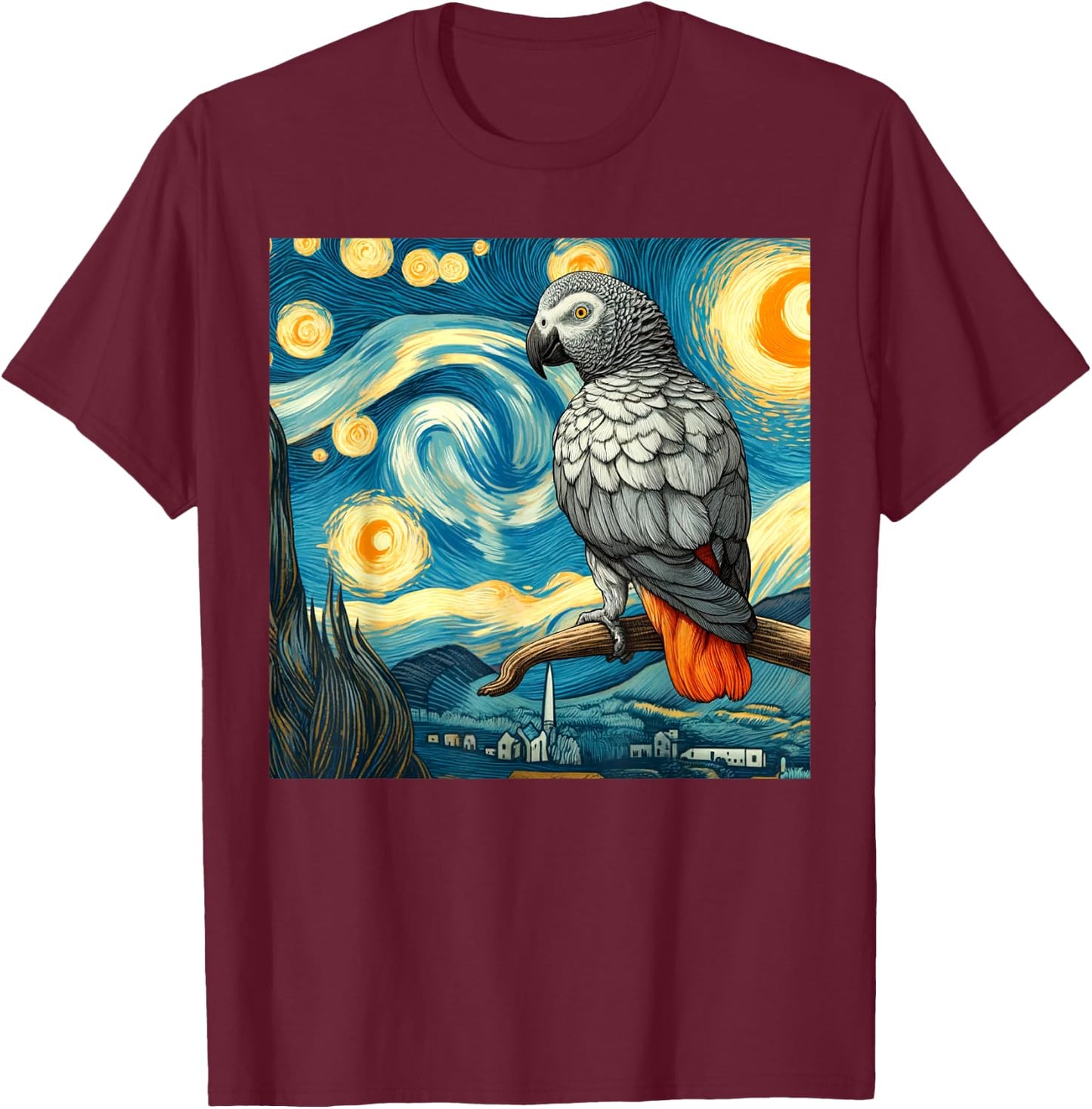 African Grey Parrot Owner Bird Lover Starry Night Van Gogh T-Shirt - T-Shirt | Maroon