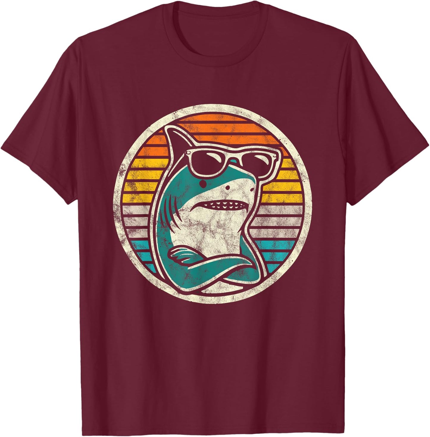 Retro Cool Shark with Sunglasses Vintage Ocean Vibes T-Shirt - T-Shirt | Maroon