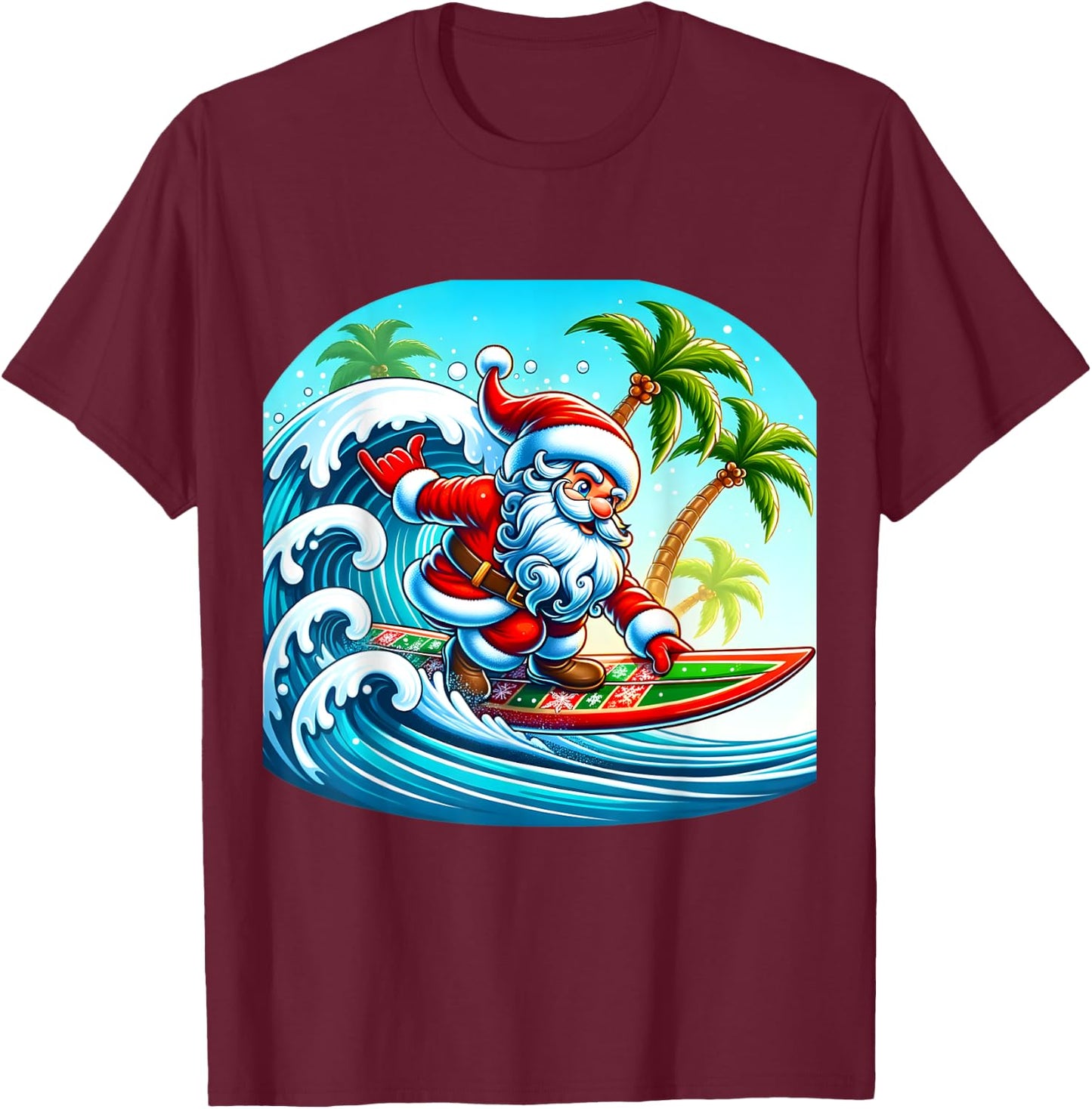 Christmas Surfing Santa Beach Surfboard Palms Women Kids T-Shirt - T-Shirt | Maroon
