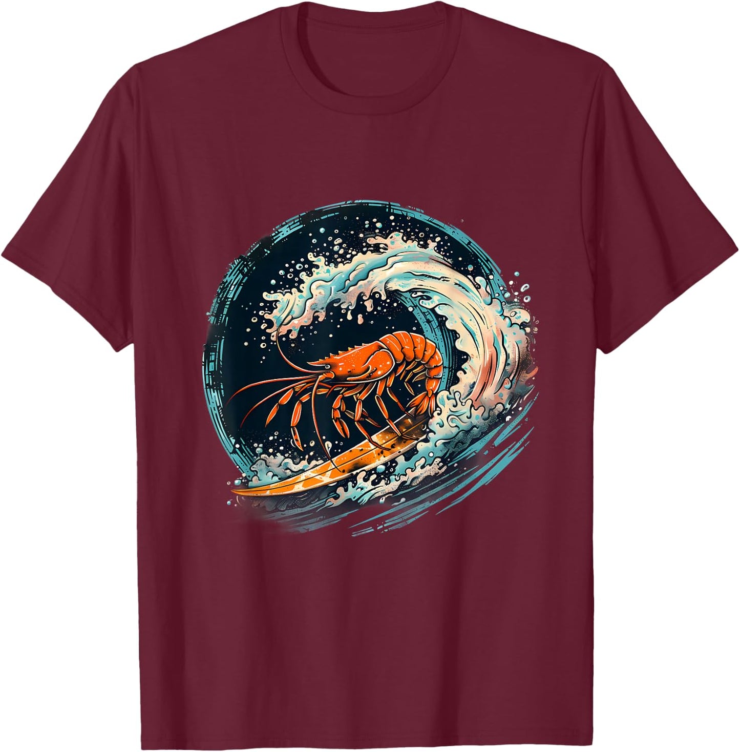 Shrimp Ocean Sea Animal Lover Marine Mammal Surfing Motif T-Shirt - T-Shirt | Maroon