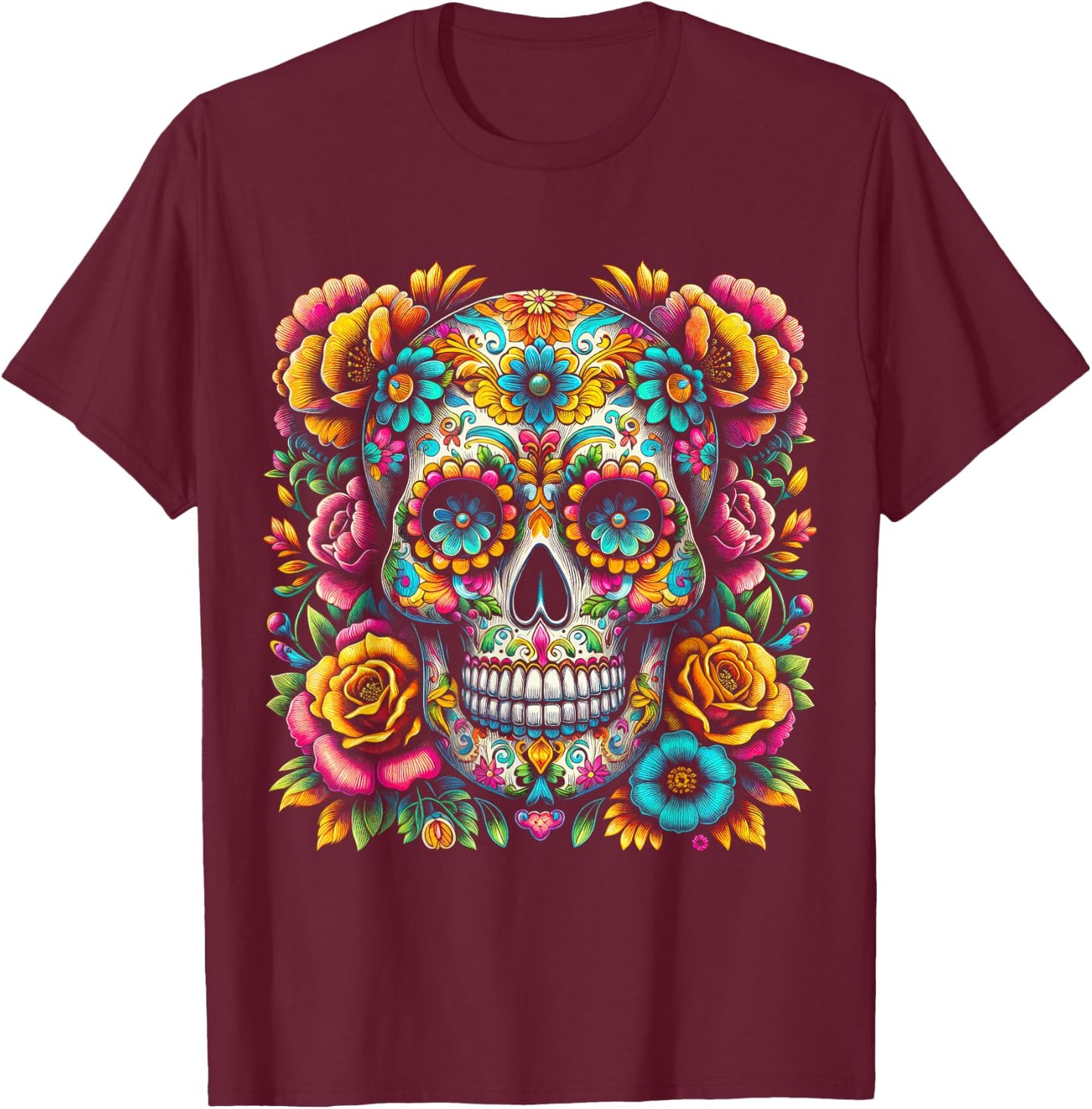 De Los Muertos Day of the Dead Sugar Skull Halloween Women T-Shirt - T-Shirt | Maroon
