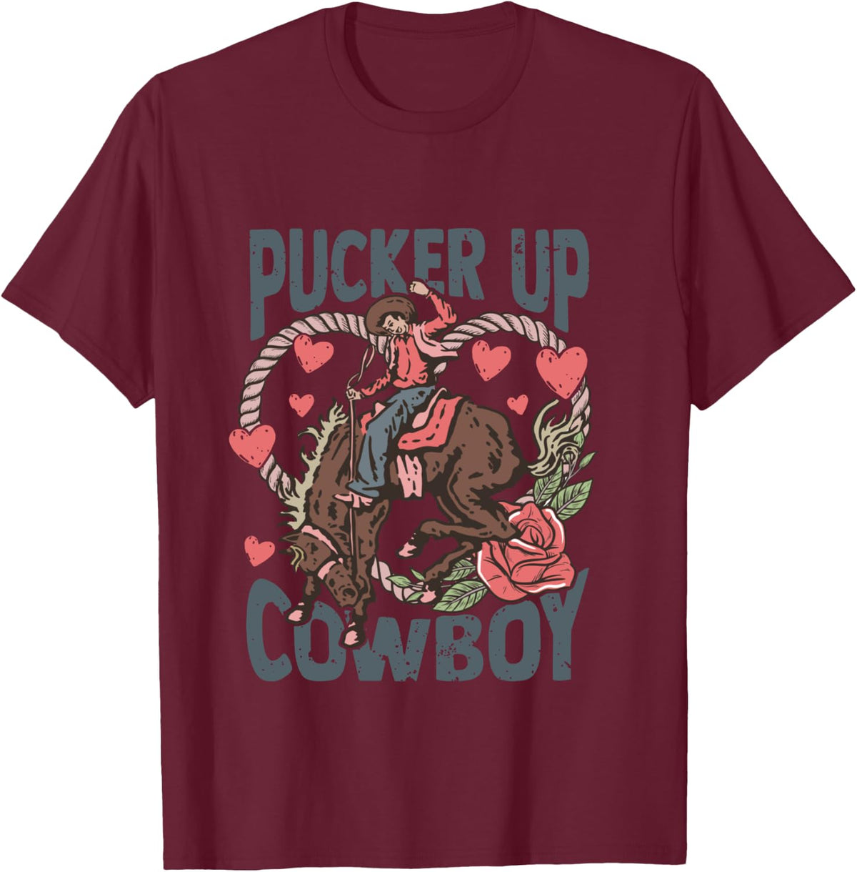Pucker Up Cowboy Retro Groovy Howdy Valentines Cowboy Hat T-Shirt - T-Shirt | Maroon