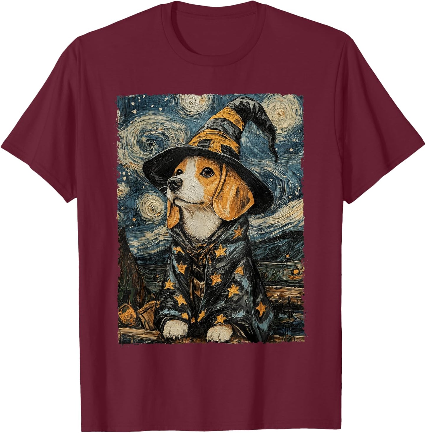 Beagle Witch Costume Painting Starry Night Dog T-Shirt - T-Shirt | Maroon