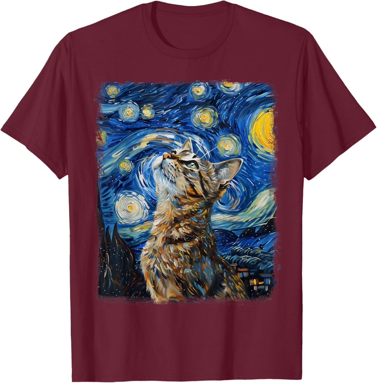 Tabby Cat Orange Cat Starry Night Painting T-Shirt - T-Shirt | Maroon
