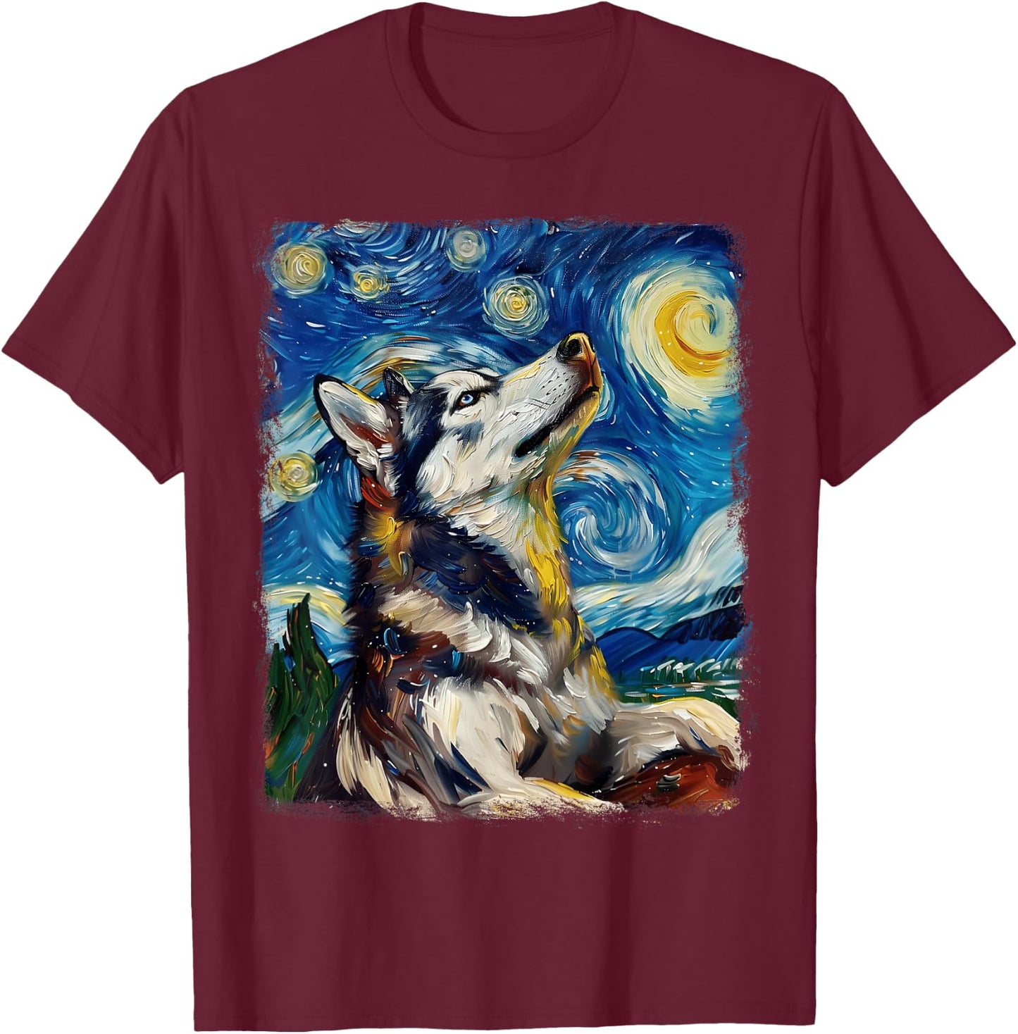 Siberian Husky Dog Starry Night Painting T-Shirt - T-Shirt | Maroon