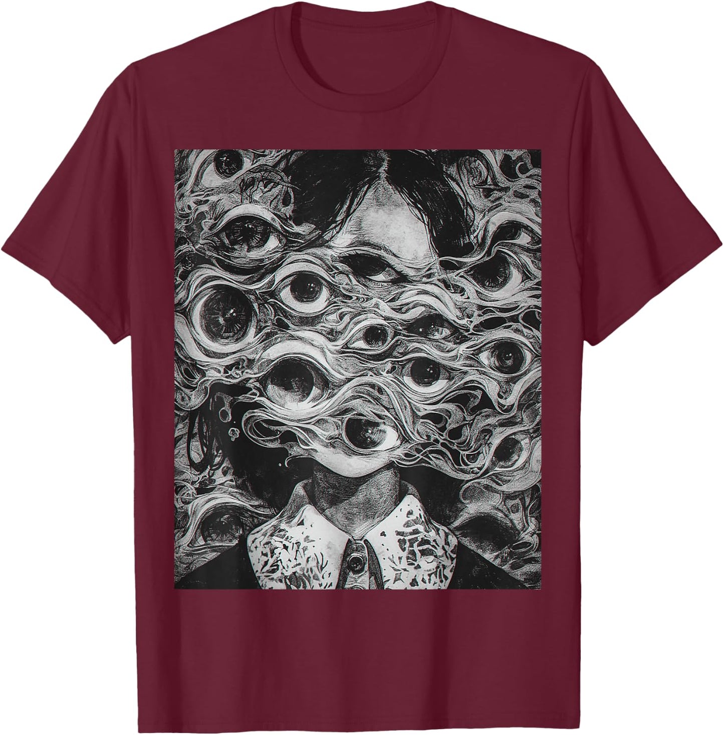 Creepy manga Girl Scary Eyes Horror Halloween Frightening T-Shirt - T-Shirt | Maroon