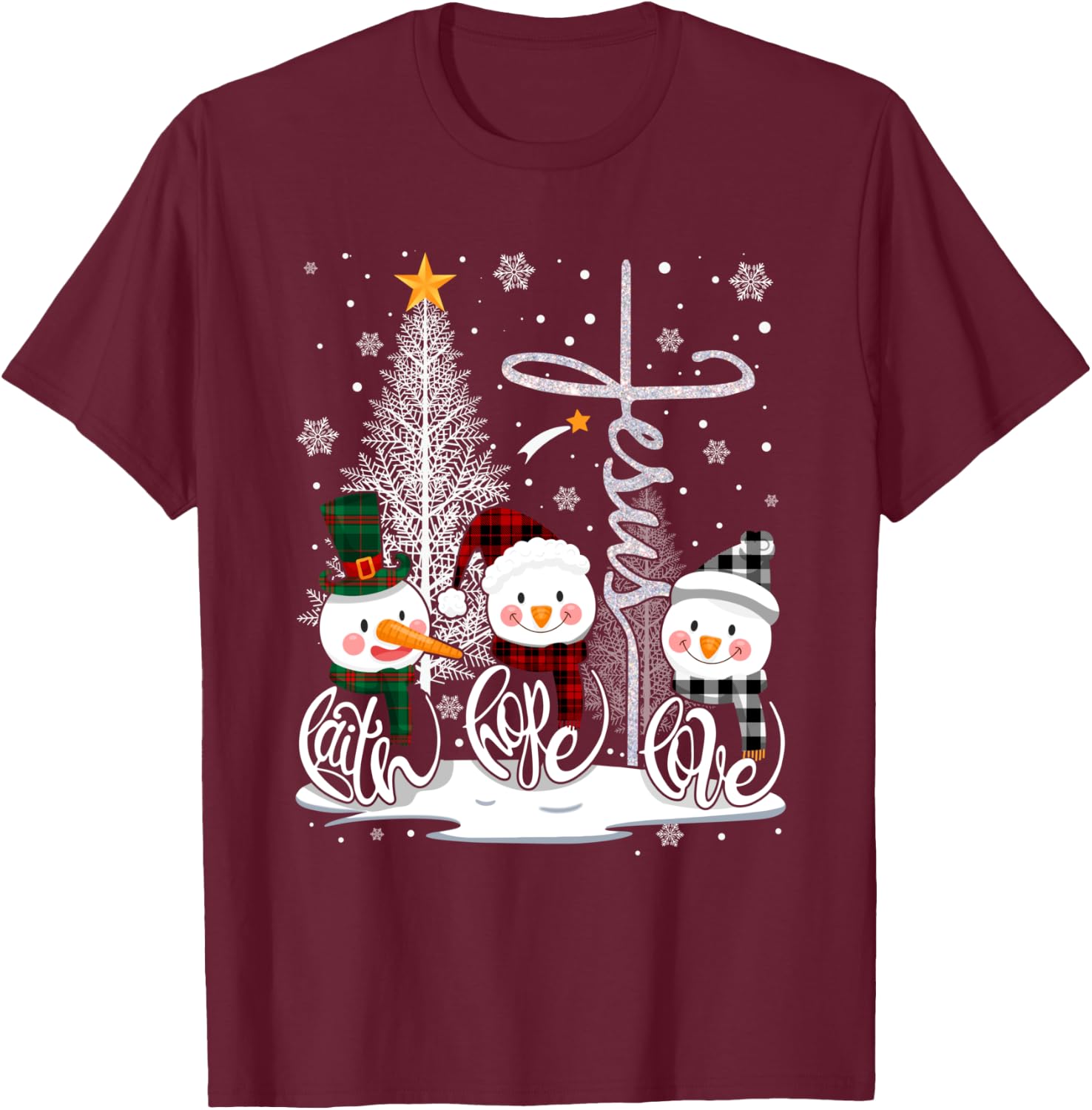 Faith Hope Love Snowman Jesus Christian Tree Christmas T-Shirt - T-Shirt | Maroon
