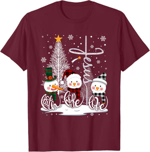 Faith Hope Love Snowman Jesus Christian Tree Christmas T-Shirt - T-Shirt | Maroon