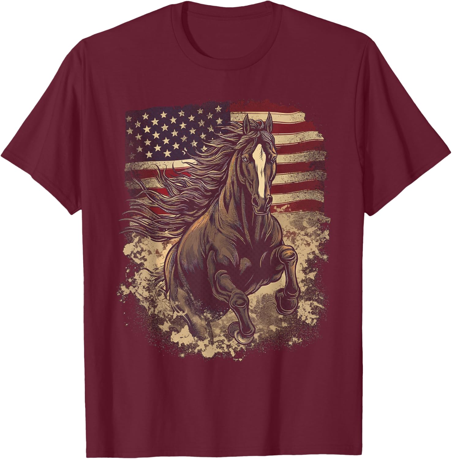 Patriotic Horse American Flag Horseback Riding Western Farm T-Shirt - T-Shirt | Maroon