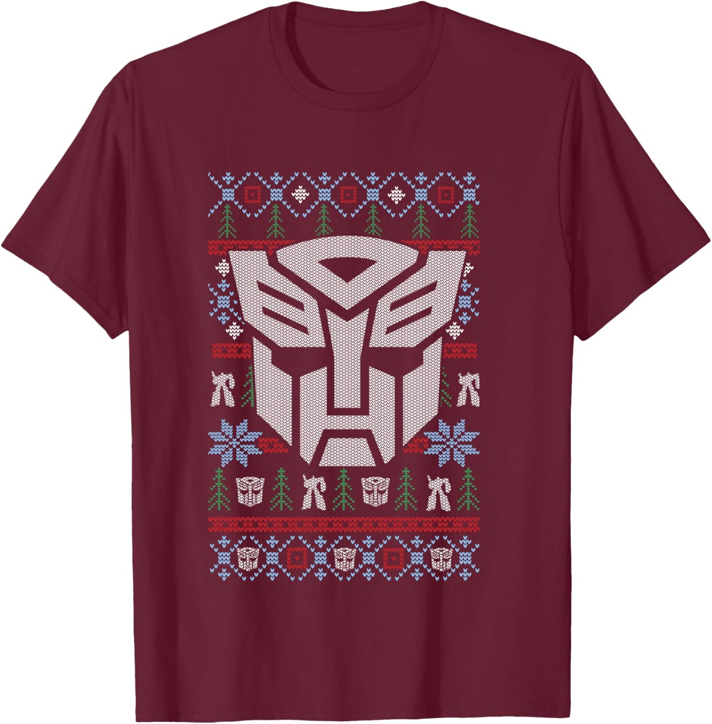 Transformers Christmas Autobots Retro Ugly Sweater Style T-Shirt - T-Shirt | Maroon