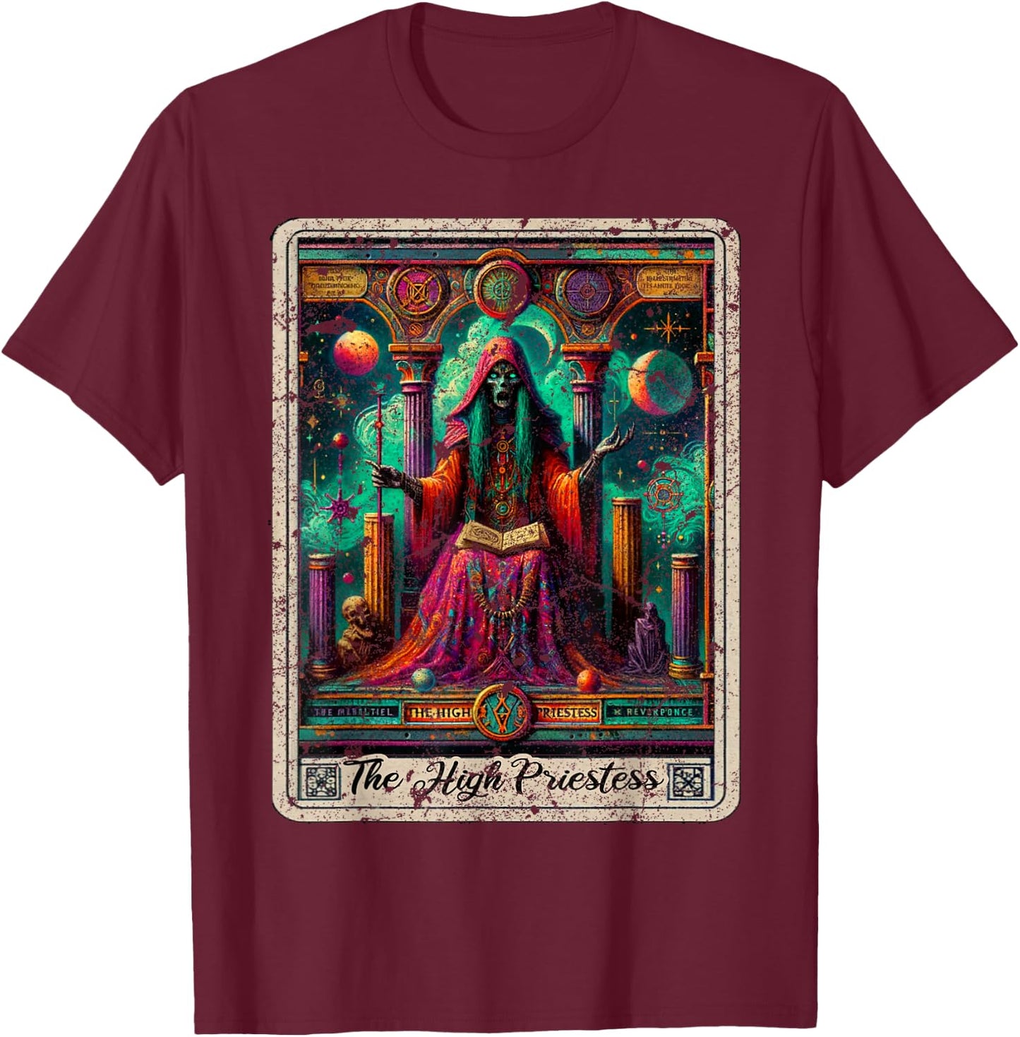 The High Priestess Vintage Tarot Card Graphic Print T-Shirt - T-Shirt | Maroon